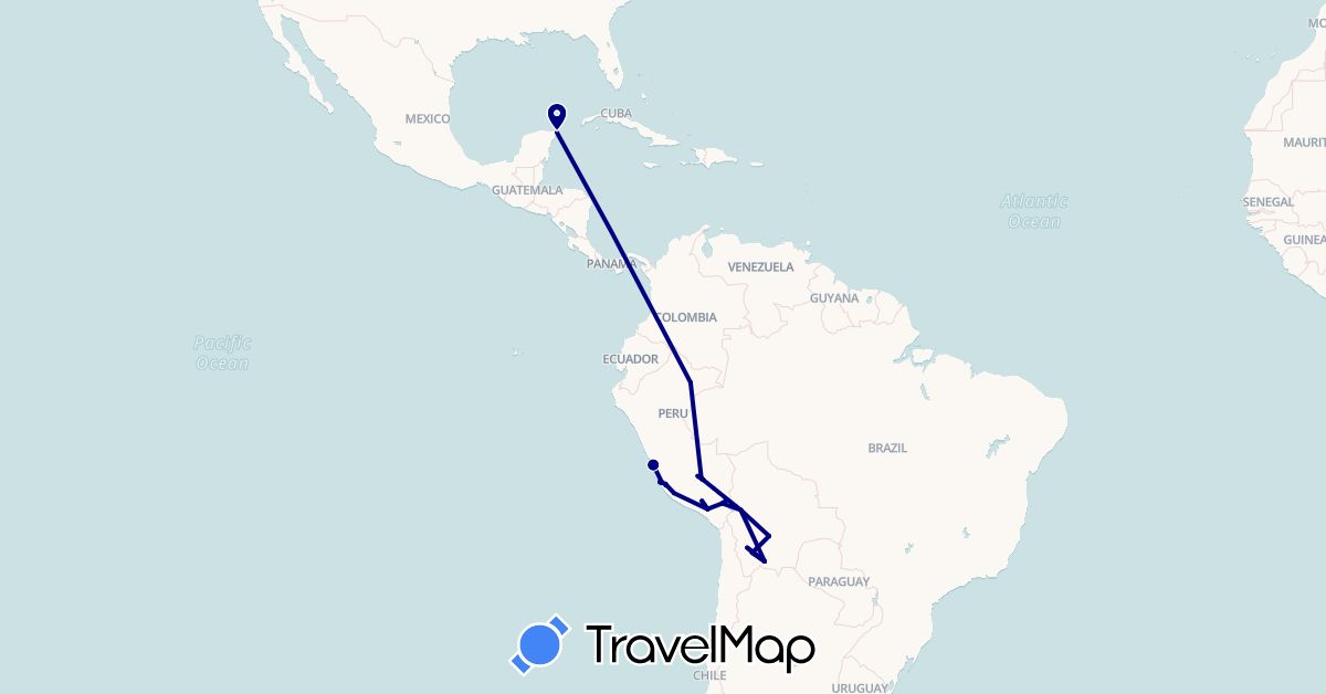 TravelMap itinerary: driving in Bolivia, Mexico, Peru (North America, South America)